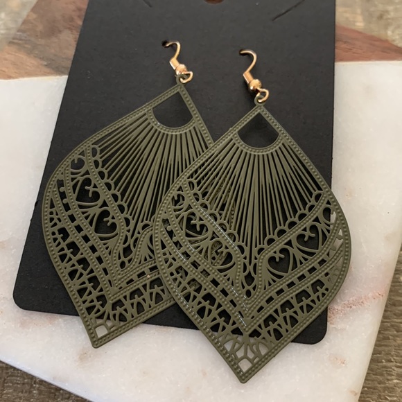 Army Green Filigree Drop Earrings - Picture 4 of 4